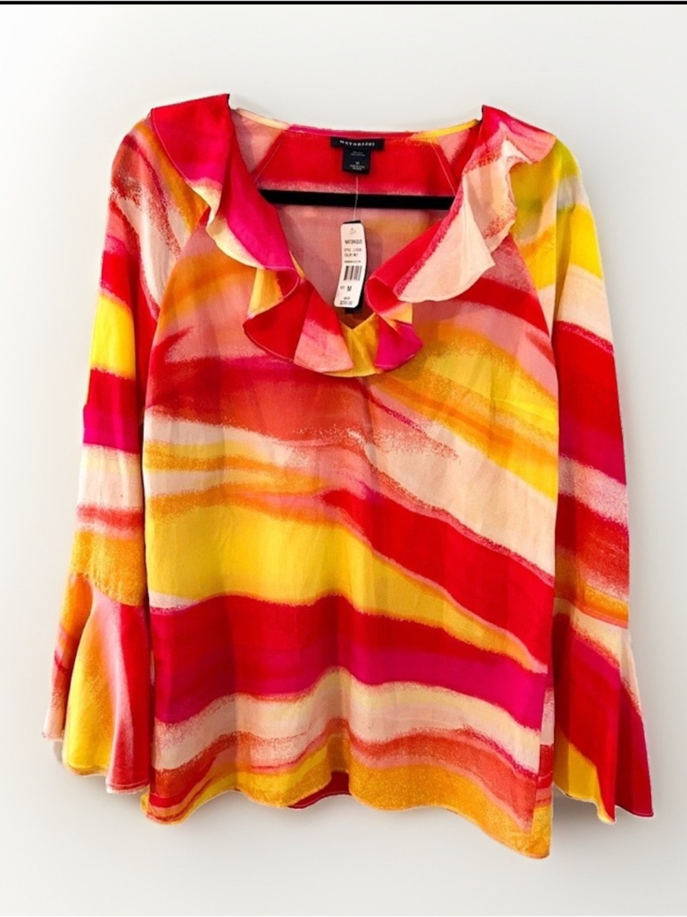 NWT Natorious by Natori Rainbow Silk Blend Ruffle V-Neck Blouse M